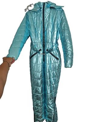 NOVO Terno Feminino Grande Turquesa de Esqui ou Neve com Pele Removível e Cinto Presente de Natal - Imagem 1 de 4