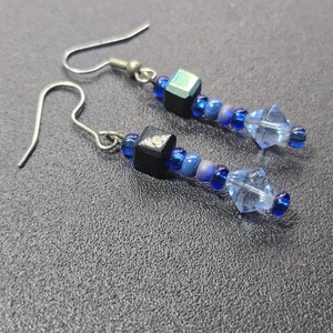Orecchini pendenti goccia vetro artistico 1,5" blu lucido plastica perline artigianali - Foto 1 di 4