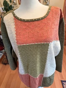 NWT Alfred Dunner Women’s XL Patch Sweater Olive Cotton Polyester Studded Neck - Picture 1 of 14