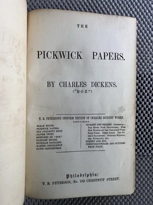 Antique Charles Dickens Novel ~ The Pickwick Papers ~ T.B. Peterson c.1860s HC G - Image 1 of 4