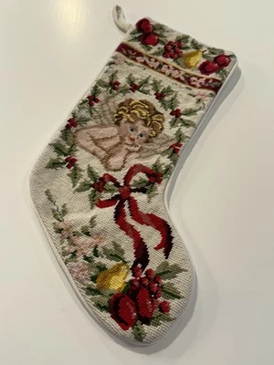 MEDIAS DE NAVIDAD VINTAGE DE LANA PUNTA DE AGUJA HECHAS A MANO CORO DE ÁNGELES QUERUBÍN VICTORIANO Foto 1 de 4