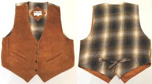 1980s Mona Mode Womens Large Leather Plaid Western Button Vest Brown Gray White - Picture 1 of 10