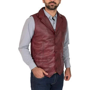 Mens Red Genuine Leather Motorcycle Vest/Slim Fit Sleeveless Jacket/Biker Vest - Picture 1 of 3
