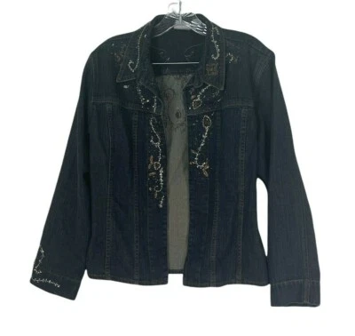 Chaqueta Blazer Mujer Chico's Abierta Jean Talla 2 Azul Cuentas Geo Diseño Foto 1 de 4