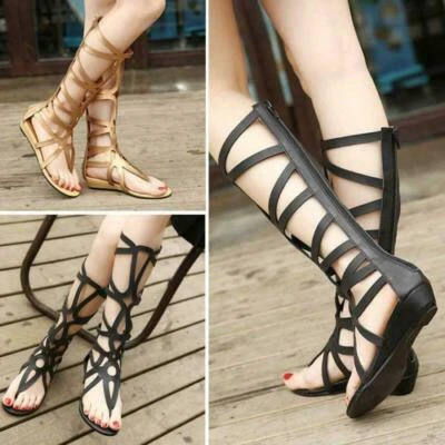 Gladiator Women's Strappy Knee High Boots Hollow Out Sandals Roman Shoes Fashion - Image 1 of 4