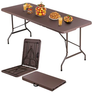 Portable 6 Ft Plastic Folding Table Fold-in Half Camping Picnic Table Brown - Picture 1 of 24