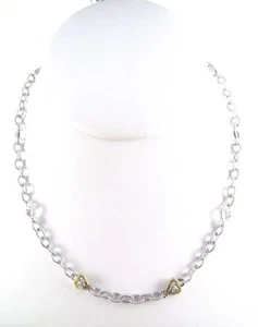 JUDITH RIPKA .925 Sterling Silver 18K Gold Diamond Heart Chain Link Necklace 16" - Picture 1 of 3