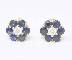 3.82 ct 14k Yellow Gold Natural Diamond & Sapphire Earring Stud Flower cluster - Picture 1 of 6