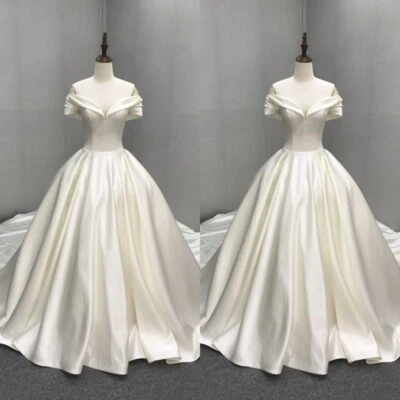 Simple Satin Wedding Dresses Off The Shoulder A Line Sweep Train Bridal Gown - Image 1 of 4