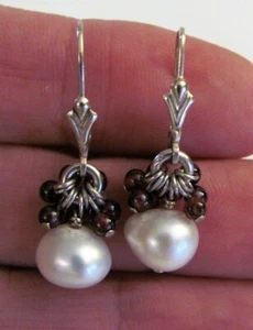 VTG Marked 925 Sterling Silver 9mm Pearl & Amethyst 1 1/4" Long Drop Earrings - Picture 1 of 8