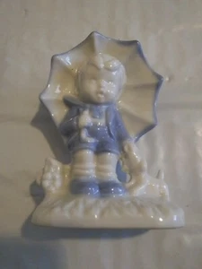 Porcelain Figurine of Boy With Umbrella and Puppy Blue & White Glaze 3.5" x 2.5" - Picture 1 of 7