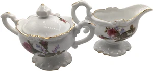Sugar & Creamer Set w/Lid White with Red Roses & Gold Trim Fine China - Picture 1 of 9