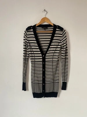 Weekend Max Mara Women Cardigan Small White Grey Stripe Silk Wool Long Line - Image 1 of 4