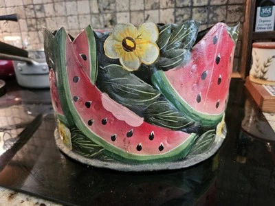 Vintage HOSLEY Metal Cut Out Sculpture Tin Fruit Painted Fruit Basket Or Planter - Image 1 of 4