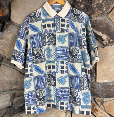 Vintage Bugle Boy Polo Shirt Mens Large Beige Patchwork Hawaiian All Over Print - Image 1 of 4