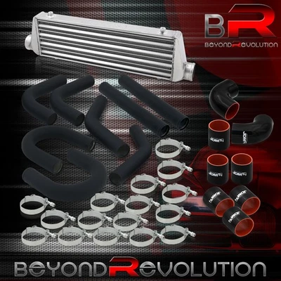 Universal 27" x 7" FMIC Intercooler 2.5" Piping Kit +Coupler T-Bolt Clamps Black - Image 1 of 4