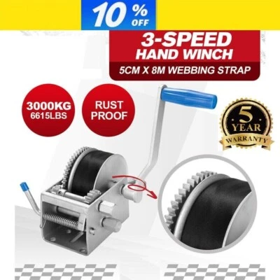 Hand Winch 3000kg 6615lbs 3 Speed 8m Webbing Strap Car Boat Trailer 4WD - image 1 of 4
