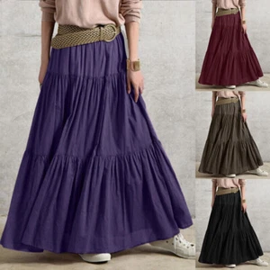 Swing Dress Elastic Waist Skirt Maxi Skirt A Line Women Pleated Vintage Casual - Picture 1 of 23