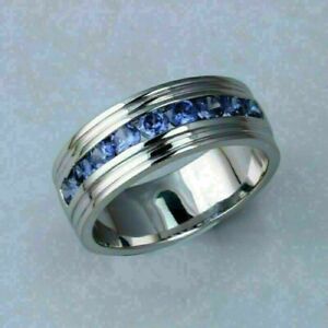 14k White Gold Plated 3.3Ct Round Cut Simulated Blue Tanzanite Men's Band Ring