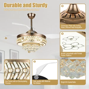 Modern Ceiling Fan Light Gold Crystal Chandelier Fan Retractable Blades w/Remote - Picture 1 of 18