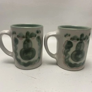 2 Vintage 1950s  M.A. Hadley, Kentucky Pottery Green Grape & Pear Coffee Mugs - Picture 1 of 11