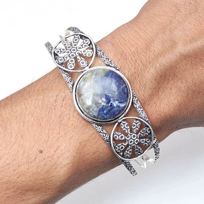 Браслеты-манжеты ювелирные изделия ручной работы содалит драгоценные камни 7 дюймов регулируемые - Изображение 1 из 4