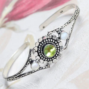 Faceted Peridot & Moonstone Gemstone 925 Sterling Silver Bangle Girl's Love - Picture 1 of 5
