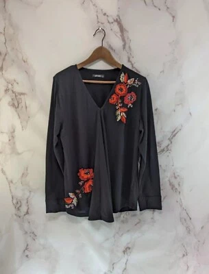 Top eshakti Mujer Grande 14 Negro Rojo Cuentas Floral Plisado Columpio Manga Larga V Foto 1 de 4