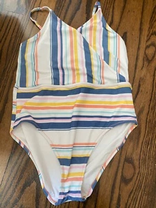Sperry Top Sider Nautical Striped Swimsuit One Piece Sz L XL Coastal - Picture 1 of 5