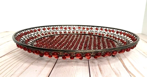 Vintage Copper Wire Cranberry Color Beads Bowl Footed 12.5" Diameter Cover