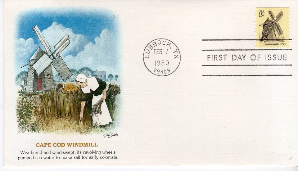 USPS FDC Fleetwood #1740 – 1980 15c Windmills Massachusetts ST3110 - Image 1 of 2