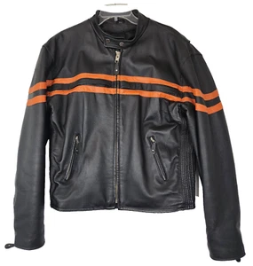 Y2K Mens Motorcycle Leather Jacket Large Black & Orange Lined Full Zip Pocket - Picture 1 of 19