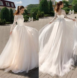 Long Sleeve Wedding Dresses Applique Boat Neck Lace Up A Line V Back Sweep Train - Picture 1 of 10