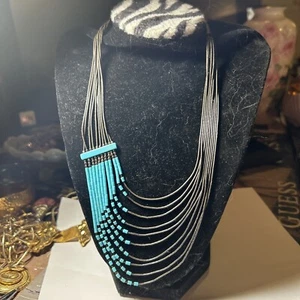 Native American Turquoise 10 Strand Liquid Silver Necklace 20” - Picture 1 of 4