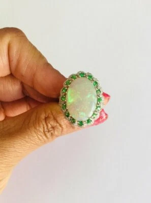 9.68 Carat Oval Cut Opal Gemstone Tsavorite 925 Real Silver Cocktail Women Ring - Image 1 of 4