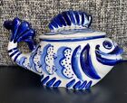 Authentic Gzhel Hand-Painted Porcelain Fish Shaped Jar with Lid - Blue and White
