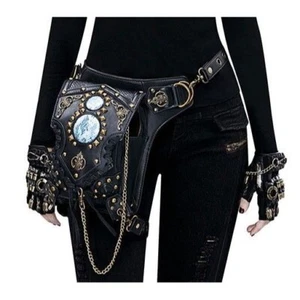 Gothic Lolita Bag Black Metal Details Rivets Waist Pack PU Leather Steampunk Lol - Picture 1 of 7