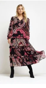 Bnwt ladies paisley Smock Black Pink floral river island midi Maxi dress RRP £50 - Picture 1 of 3
