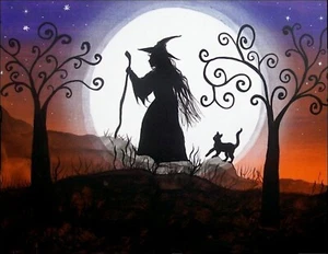 Volkskunst Hexen feiern HALLOWEEN "Magick Trees" DRUCK Byrum - Bild 1 von 1