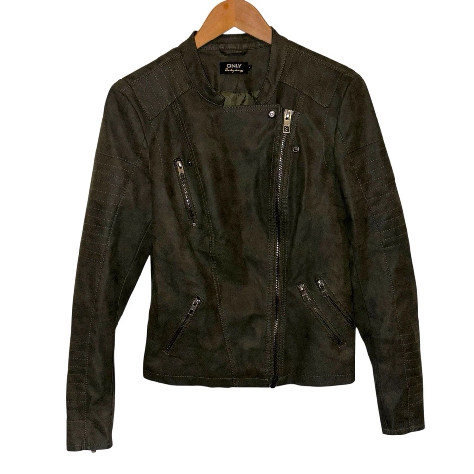 SOLO Chaqueta de Motociclista de Gamuza Sintética para Mujer EU 38 Gris Verde Oliva Cremallera Estilo Moto Foto 1 de 4