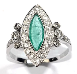 Ring Gold Smaragd 0.60ct. Diamant 0,68ct. Navette 585/14K antik Gr.55/17,5 mm - Bild 1 von 10