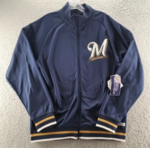True Fan Milwaukee Brewers Baseball Track Jacket Mens Medium Blue Logo MLB NWT - Picture 1 of 13