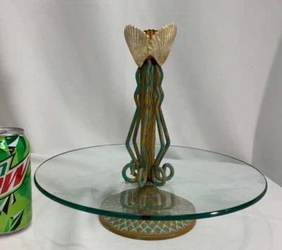 ¡RARO! Bandeja redonda de comida con pedestal de metal de vidrio artístico decoración costera con soporte para velas Foto 1 de 4