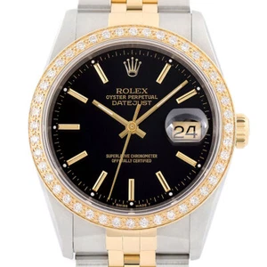 Rolex Mens Datejust 16233 Black Dial 18K Yellow Gold & Steel Diamond Watch - Picture 1 of 7