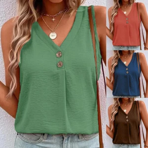 Womens V-Neck Sleeveless Tank Vest Tops Ladies Summer Casual T-Shirt Blouse Tee - Picture 1 of 22