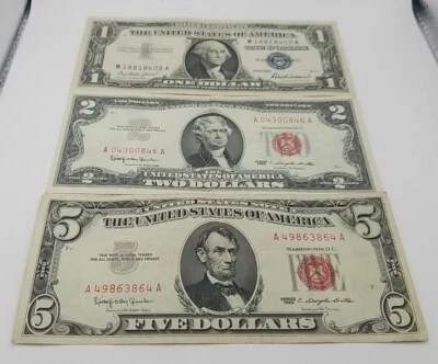 3 Note Lot $1 (1957 Silver Cer) $2 (1963 Red Seal) & $5 (1963 Red Seal) #799 - Image 1 of 4