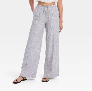 A New Day Women Pants Wide Leg Elastic Waist Pockets Black/White Stripe Large - Picture 1 of 3