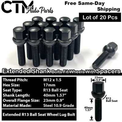 20x Perno de asiento de bola negro Mercedes 12x1,5 vástago de 40 mm | Llanta con espaciador de 10-15 mm Foto 1 de 4