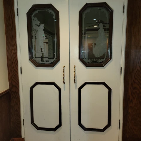 Vtg pair of Bar / Restaurant Double Swing Kitchen Doors. Wood w/etched Glass Art Cover