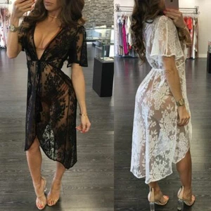 Womens Cover up Lace Swimsuit Beachwear Bikini Crochet Mini Dress Summer Beach - Picture 1 of 14